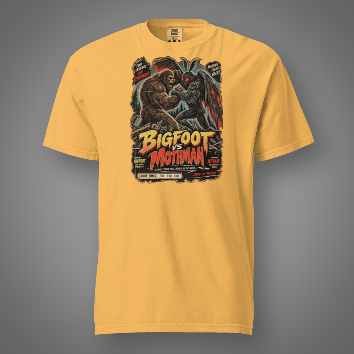 Bigfoot vs Mothman graphic T-shirt in Mustard