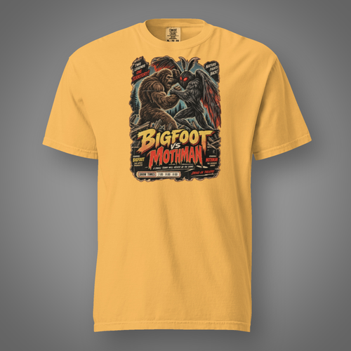Bigfoot vs Mothman graphic T-shirt in Mustard