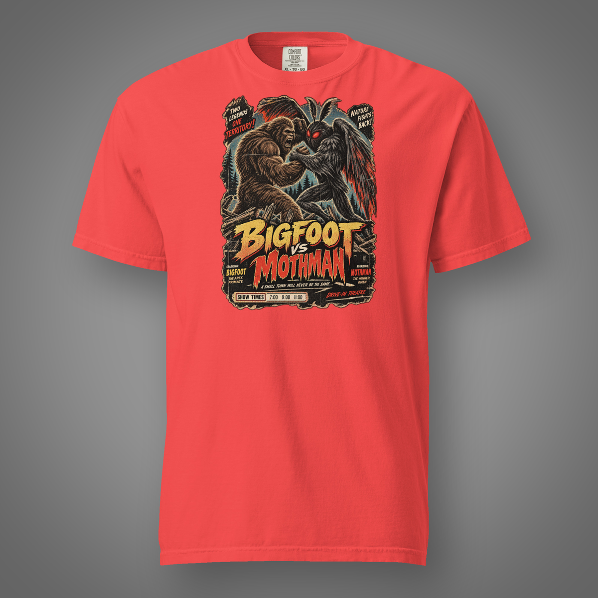 Bigfoot vs Mothman graphic T-shirt in Paprika