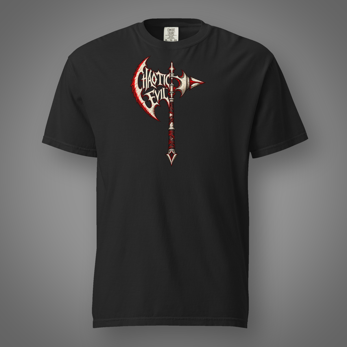 Chaotic Evil – Alignment battle-axe graphic T-shirt in Black, front studio mockup