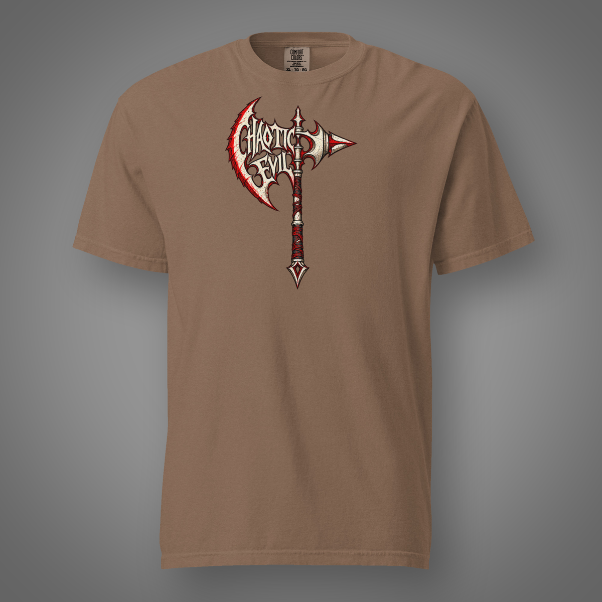 Chaotic Evil – Alignment battle-axe graphic T-shirt in Espresso, front studio mockup