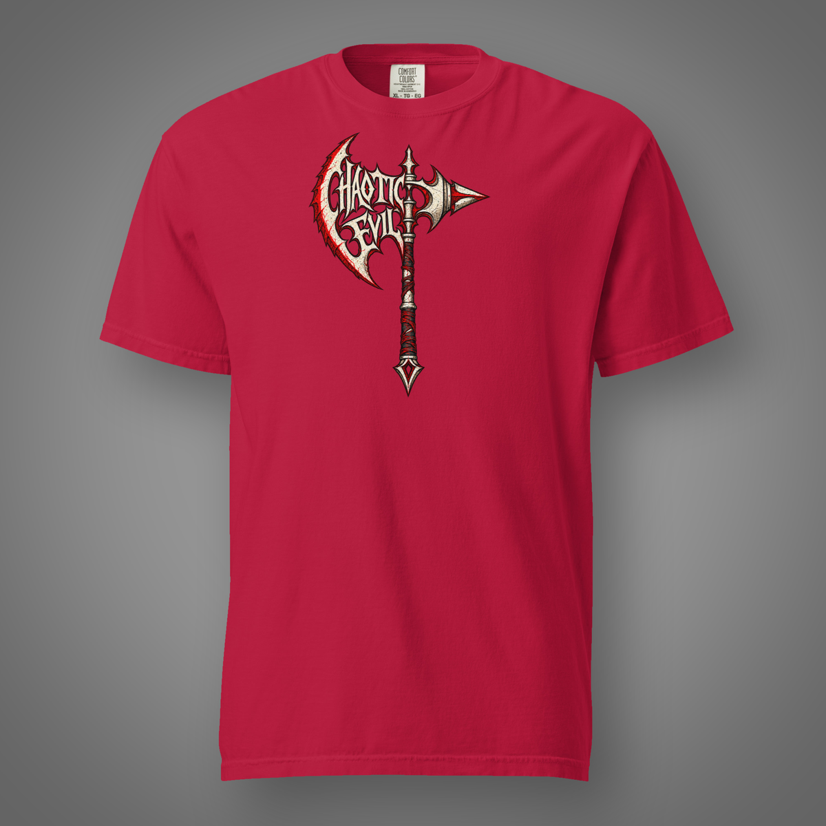 Chaotic Evil – Alignment battle-axe graphic T-shirt in Red, front studio mockup