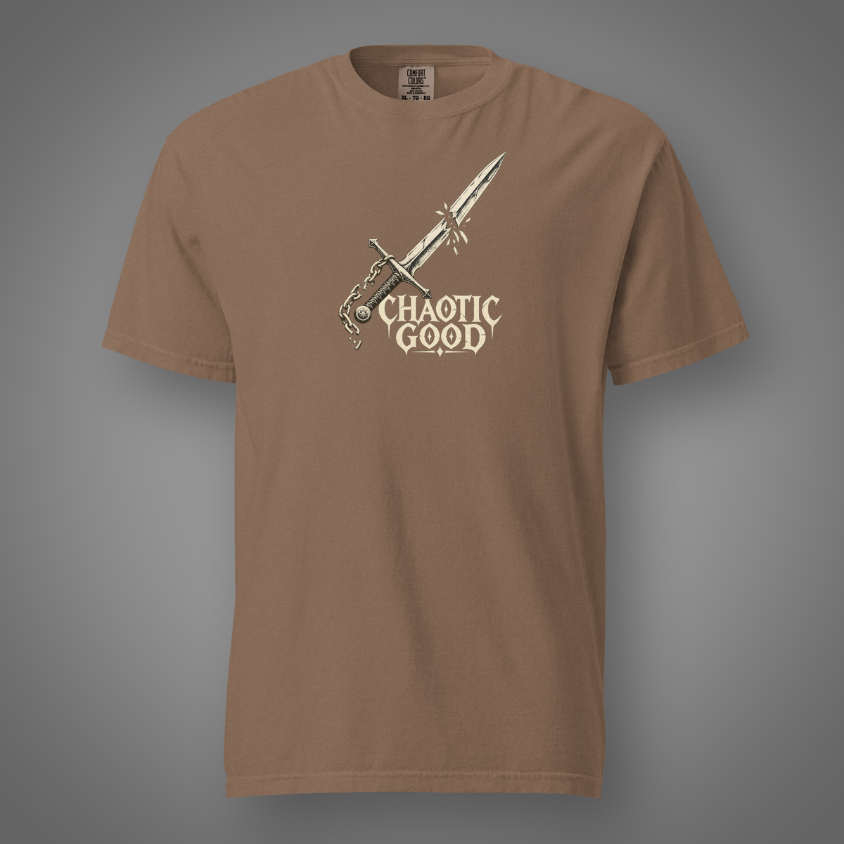 Chaotic Good alignment graphic t-shirt in Espresso, FeralSpark studio mockup