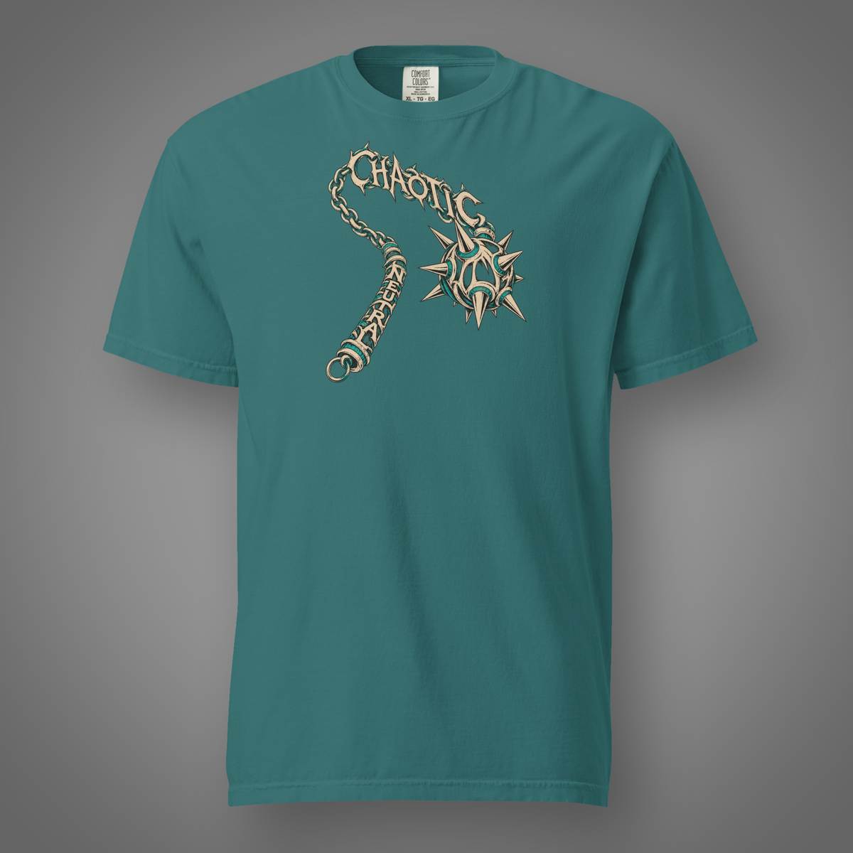 Chaotic Neutral alignment graphic t-shirt in Emerald, FeralSpark studio mockup
