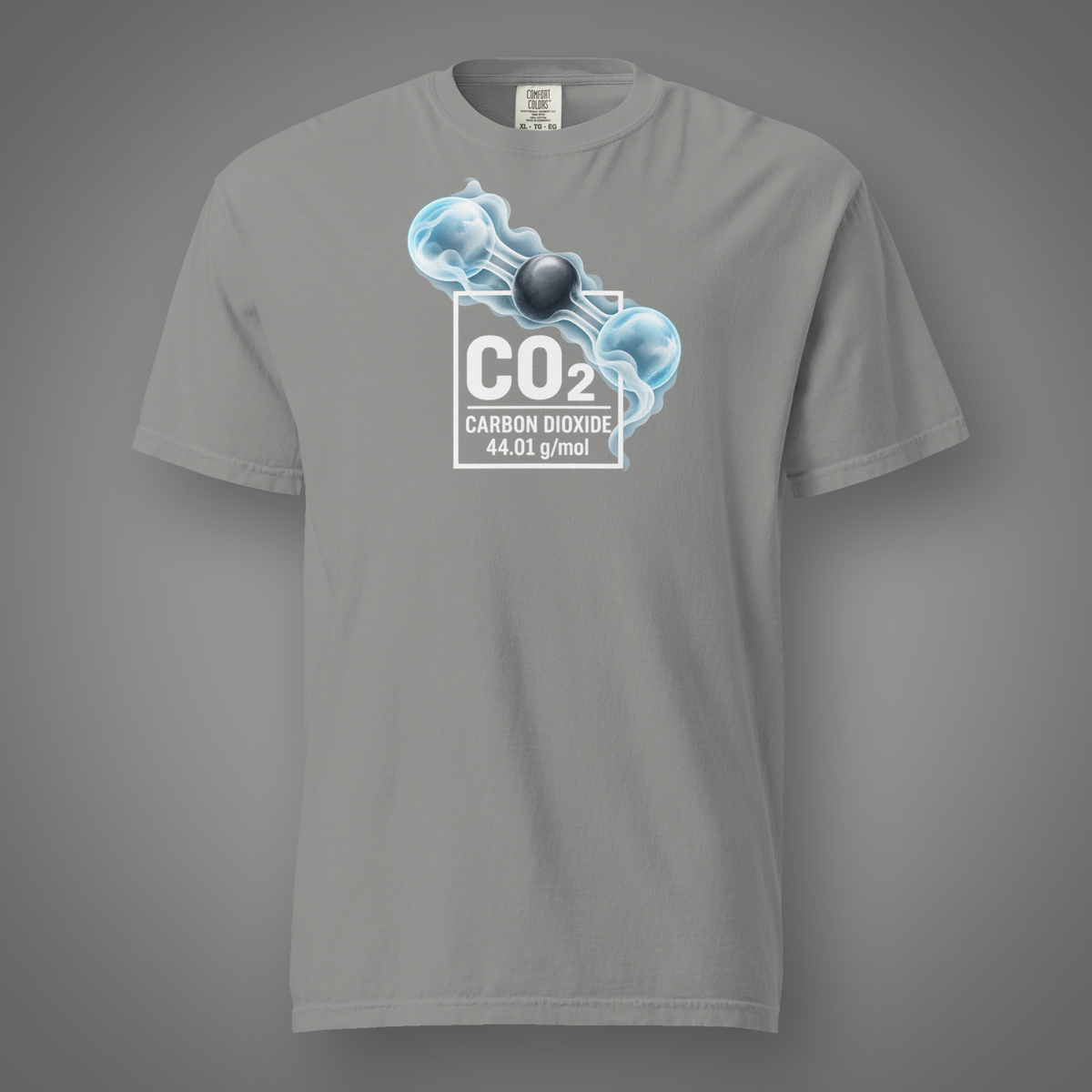 Carbon Dioxide molecular graphic tee grey front studio