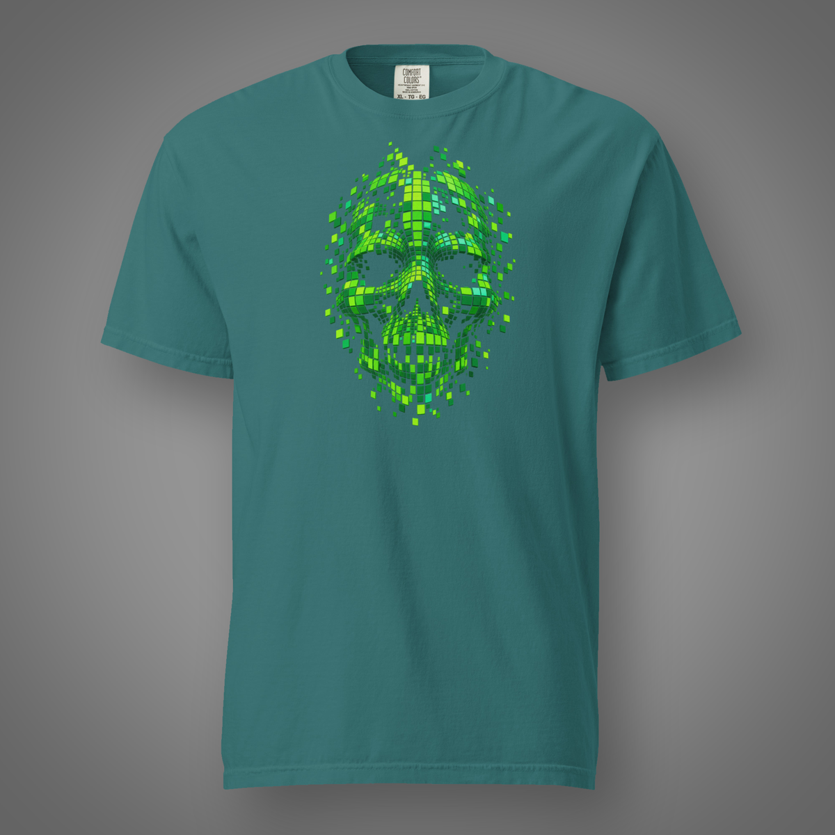 Glitch Face - Skull graphic T-shirt in emerald, front studio mockup