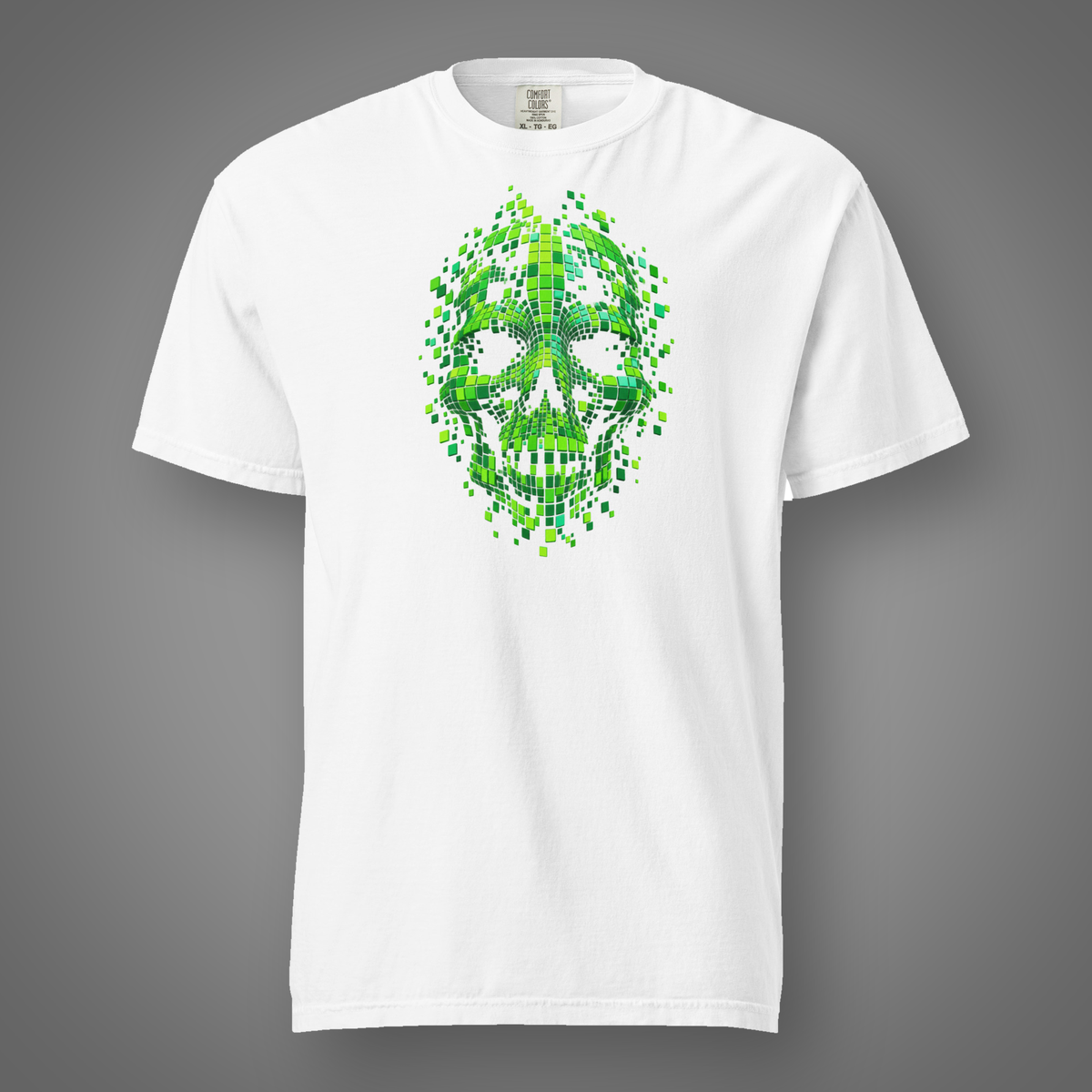 Glitch Face - Skull graphic T-shirt in white, front studio mockup