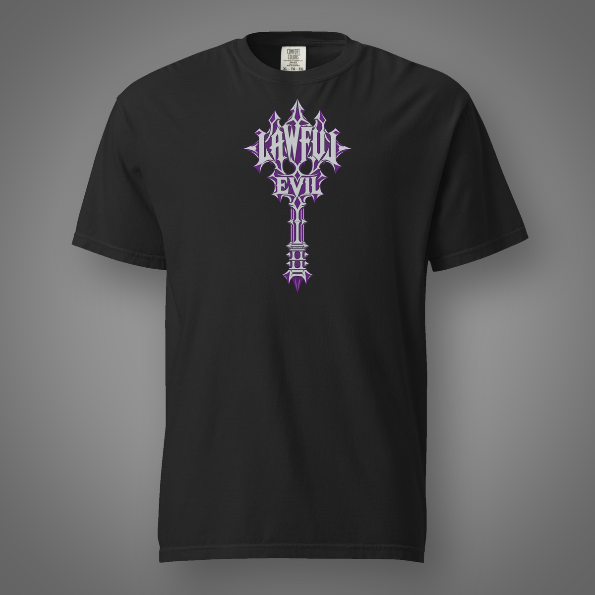 Lawful Evil alignment graphic t-shirt in Black, FeralSpark studio mockup