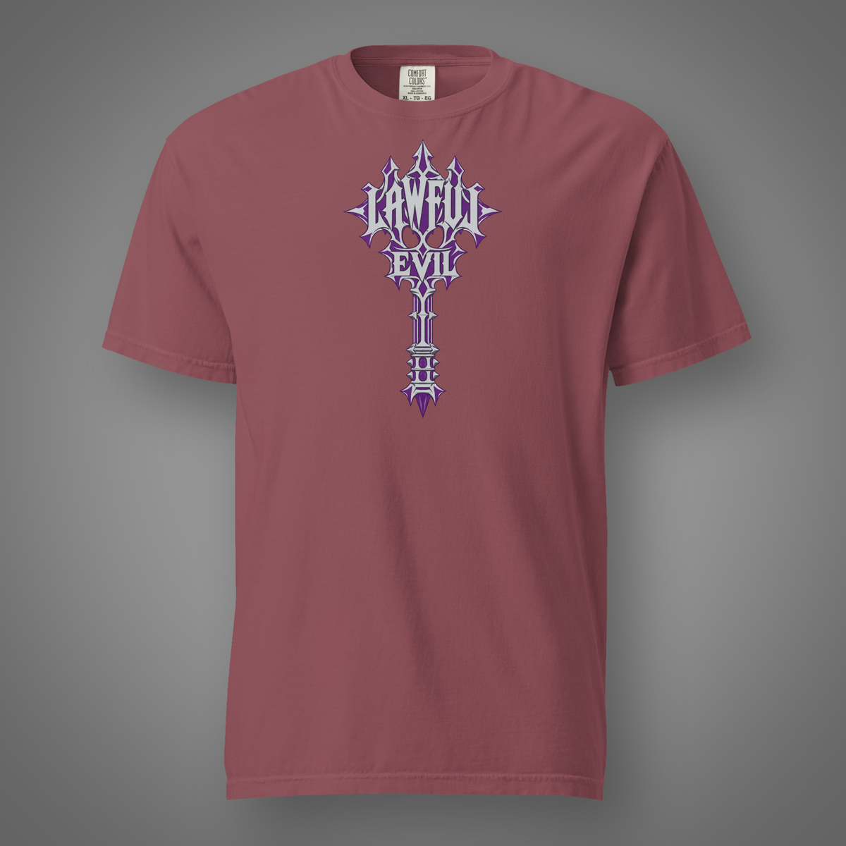 Lawful Evil alignment graphic t-shirt in Brick, FeralSpark studio mockup