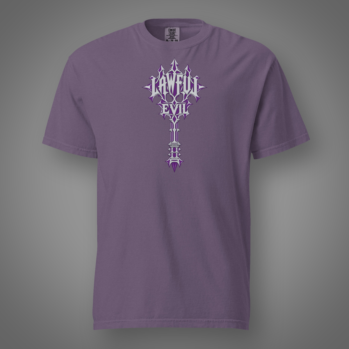 Lawful Evil alignment graphic t-shirt in Grape, FeralSpark studio mockup