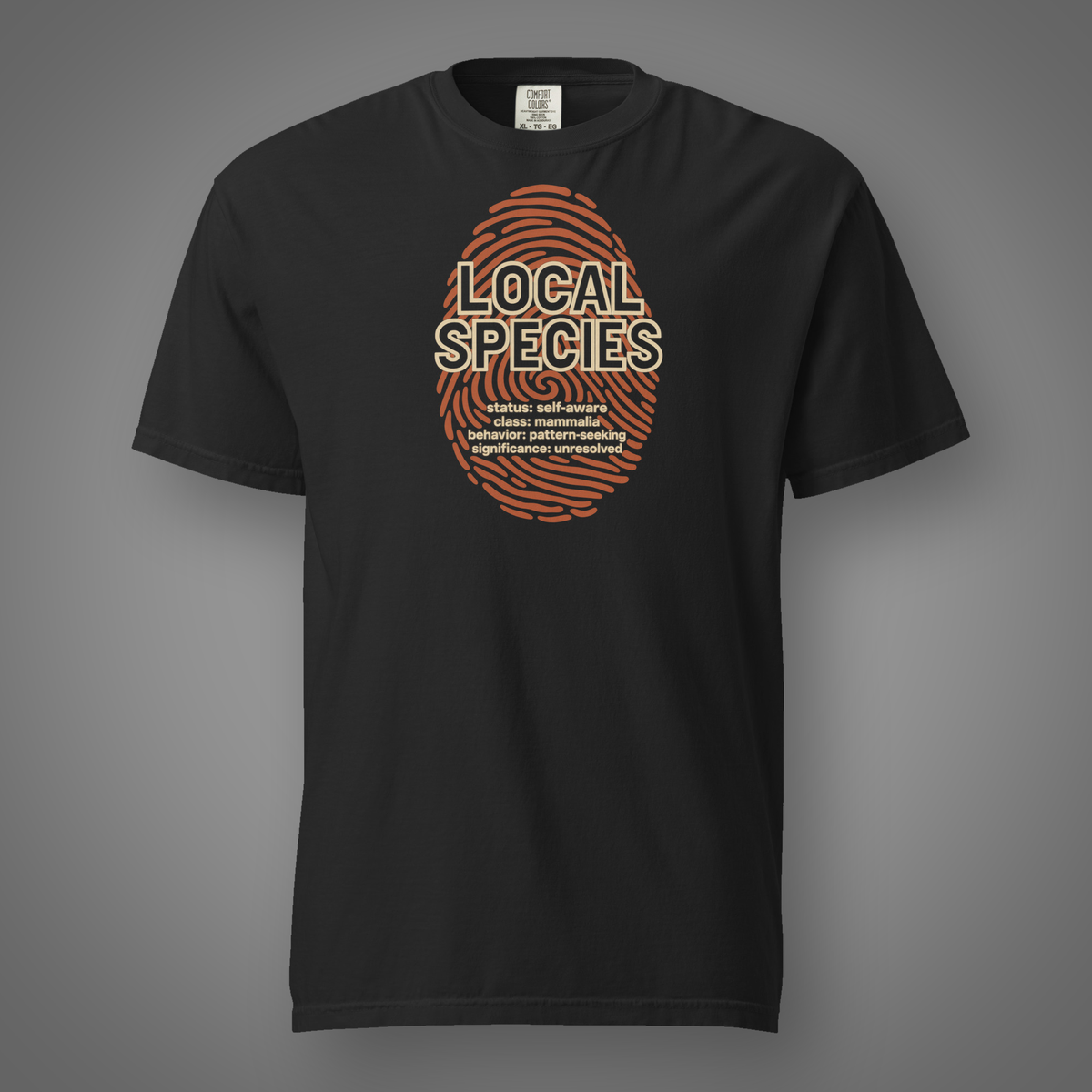 Local Species - Human fingerprint graphic T-shirt in black, front studio mockup