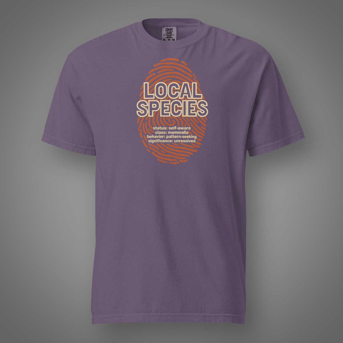 Local Species - Human fingerprint graphic T-shirt in grape, front studio mockup