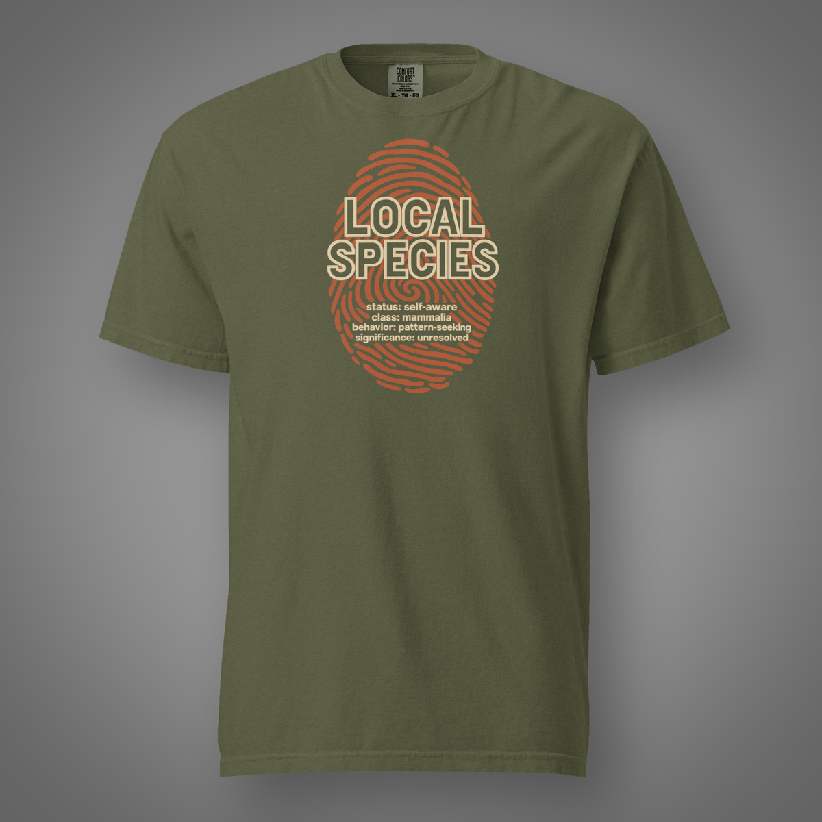 Local Species - Human fingerprint graphic T-shirt in hemp, front studio mockup
