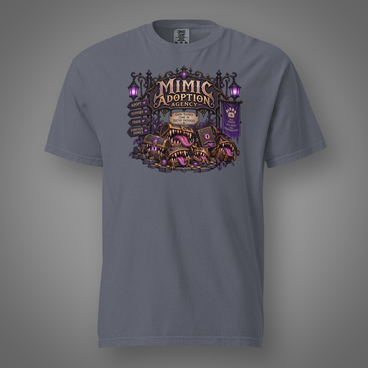 Mimic Adoption - Pets denim T-shirt front studio mockup