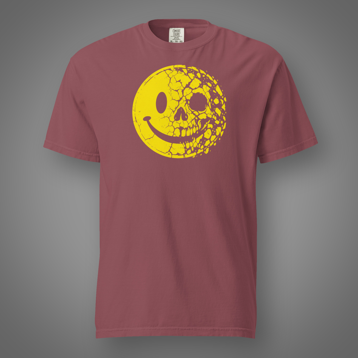 Smiley Face - Skull graphic T-shirt in Brick, front studio mockup