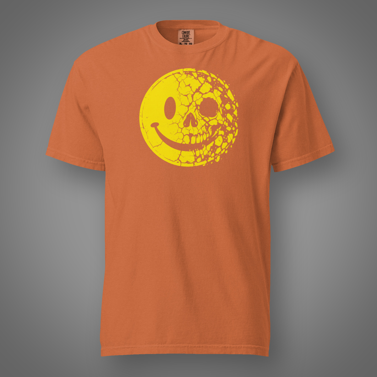 Smiley Face - Skull graphic T-shirt in Yam, front studio mockup