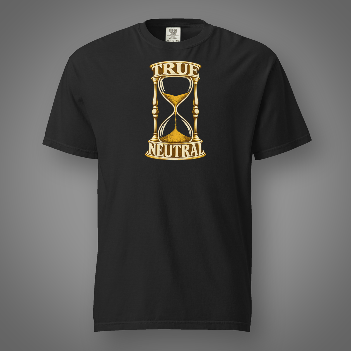 True Neutral alignment hourglass graphic t-shirt in Black, FeralSpark studio mockup