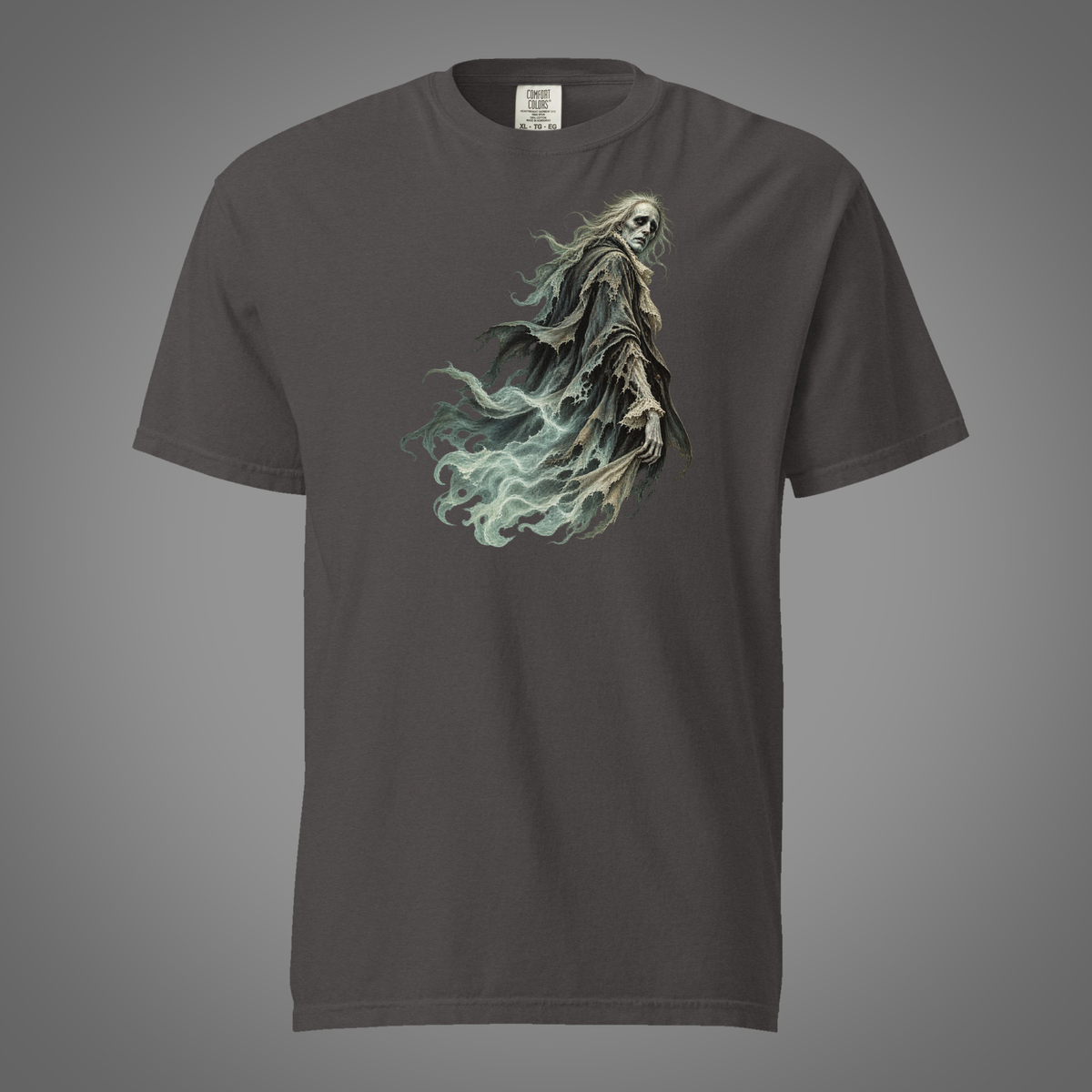 Graphite heavyweight T-shirt with Victorian Ghost gothic artwork against a soft gray studio background
