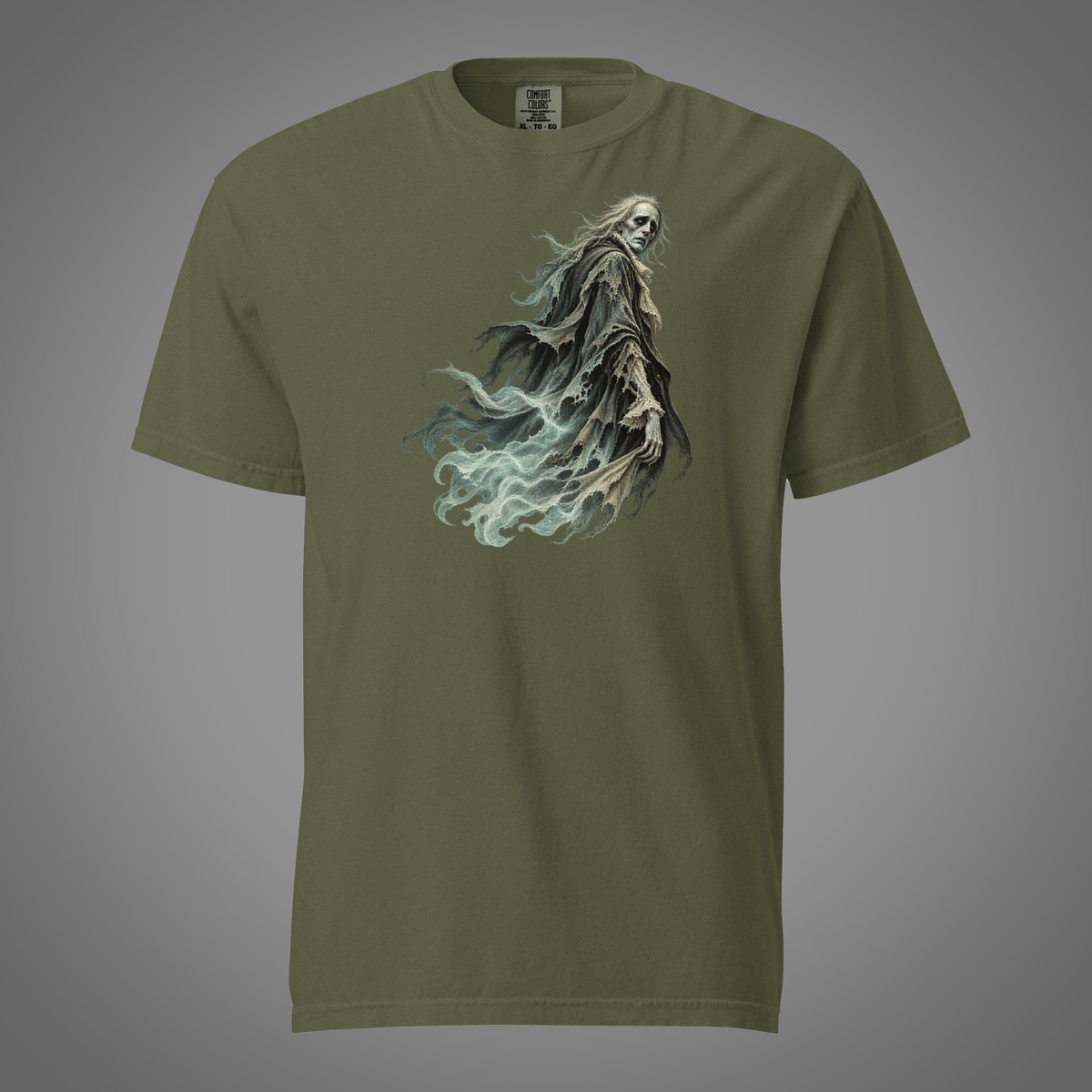 Hemp heavyweight T-shirt with Victorian Ghost gothic artwork against a soft gray studio background